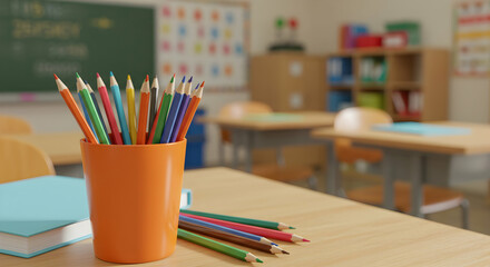 Fototapeta premium Bright Colorful Pencils in Orange Cup on Classroom Desk Back to School Education Supplies