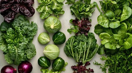 Flat lay of various types of fresh vegetables arranged in a circular pattern on a gray background. there are different types of leafy greens, including lettuce, brussels sprouts, and red onions.