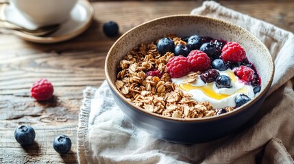 A healthy breakfast bowl filled with granola and berries displayed