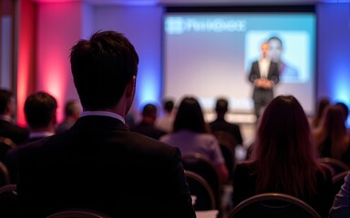 Business and entrepreneurship symposium. Speaker giving a talk at business meeting. Audience in the conference hall. Rear view of unrecognized participant in audience. High quality