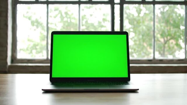 Static shot of an open laptop placed on a desk in a cozy home interior or modern loft-style office. The laptop screen is blank with a bright green chroma key (green screen), clearly visible 