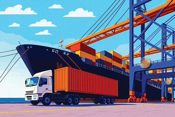 Adobe Illustrator Artwork Global Shipping and Logistics at a Busy Container Port