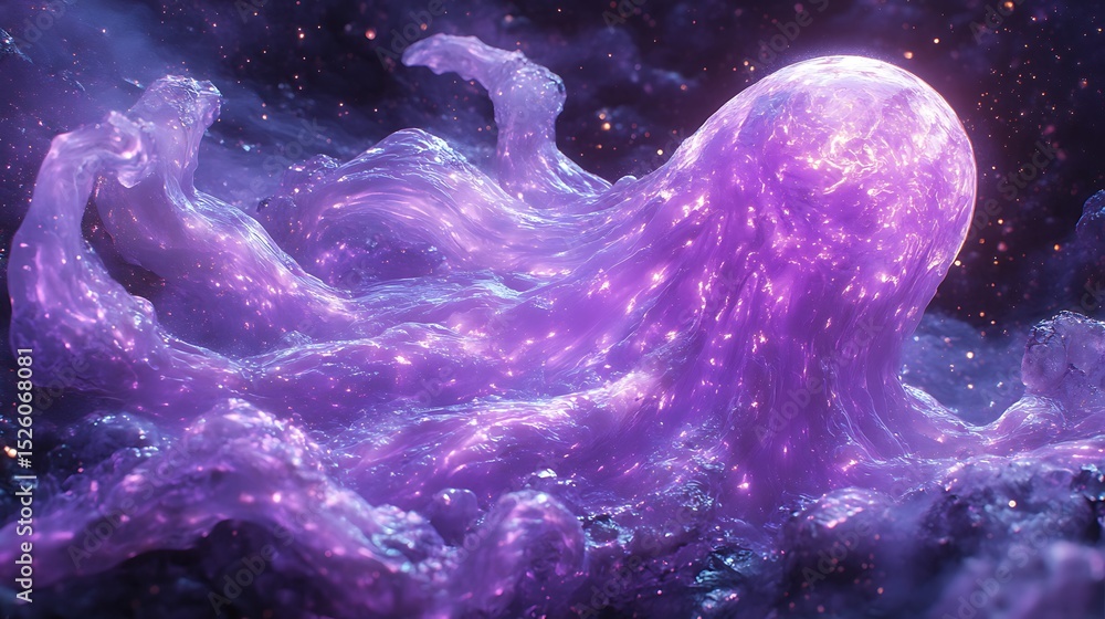 Poster celestial amorphous cosmic entity glowing with ethereal violet luminance