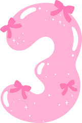 Coquette Number 3 with Bows Pink Numbers Doodle Hand Drawn