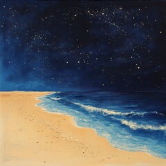 A serene beach scene with a calm ocean and a starry night sky, featuring a sandy beach, a wave crashing onto the shore, and a lone starfish on the sand.
