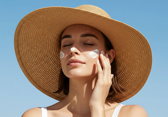 Woman Applying Sunscreen with Sun Hat on Summer Day – Skincare and UV Protection Concept