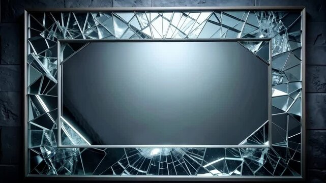Distorted mirror with shattered glass pieces in an artistic frame on a textured wall creating an eerie, fractured design concept