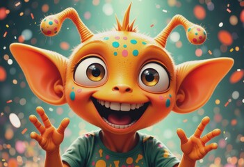 Colorful illustration of a cheerful alien party attendee with antennae