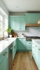 Fototapeta premium Soft mint kitchen, white marble & oak, brass details, brass accents, stylish, contemporary