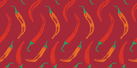 Vector seamless hand drawn chili pepper pattern. Spicy print for fabric, food packaging, kitchen textiles, and branding. Organic agronomy concept in handmade style.