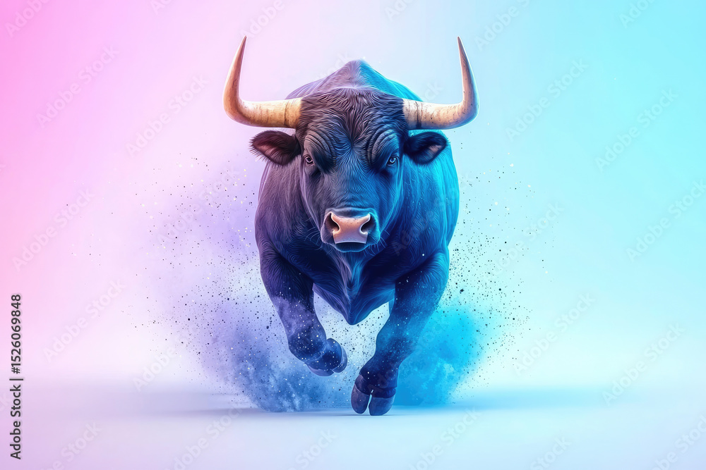 Aufkleber running bull action scene colorful abstract background digital art dynamic environment close-up view