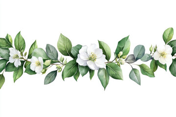 Artistic floral arrangement featuring white flowers and green leaves nature scene digital illustration minimalist design close-up perspective beauty concept