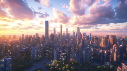 Fototapeta premium stunning urban skyline at sunset, showcasing tall buildings and vibrant colors