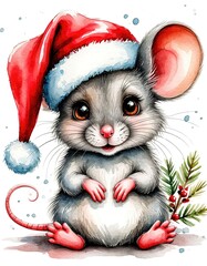 cute mouse in santa hat watercolor illustration holiday card.