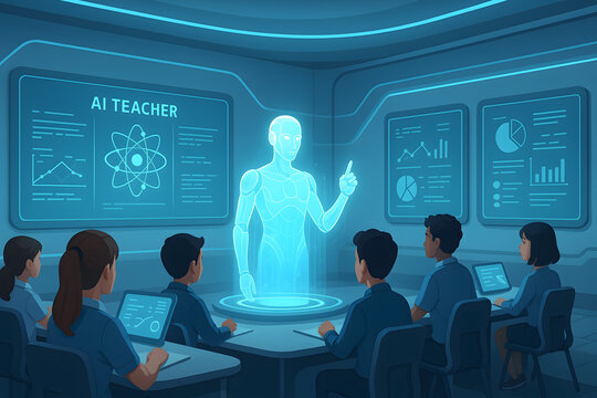 Holographic teacher giving interactive lesson to students inside futuristic classroom with glowing panels