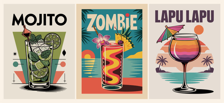 Set of exotic summer cocktail posters in retro Mid Century modern style. Mojito, Lapu Lapu, Zombie tropical alcohol drinks for bar decor, mixology, party and kitchen wall art