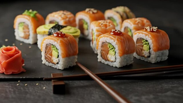 Assorted salmon sushi rolls on dark plate