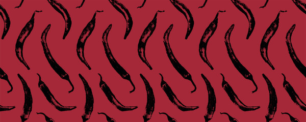 Vector seamless hand drawn chili pepper pattern. Spicy print for fabric, food packaging, kitchen textiles, and branding. Organic agronomy concept in handmade style.