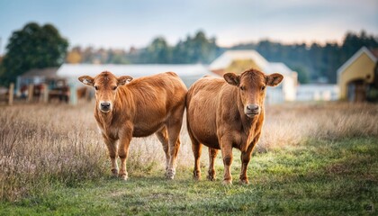 Charming Jersey Cows Grazing on a Danish Farm Under Pastel Skies at Dawn, Capturing the Serene Beauty of Denmarks Rural Landscape