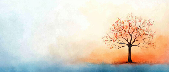 Serene autumn sunset over a lonely tree tranquil landscape digital artwork soft colors wide view nature inspiration