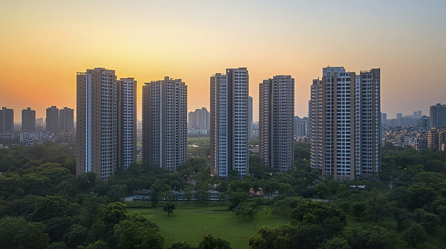 Highrise buildings in Greater Noida at sunset, surrounded by greenery and urban landscape