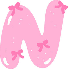 Coquette Letter N  with Bows Pink Alphabet Calpital Doodle Hand Drawn