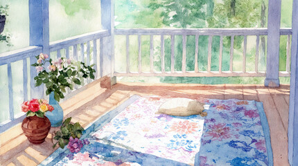 Bright watercolor illustration of a cozy front porch with a floral rug, potted flowers, and morning sunlight. A calm, serene retreat surrounded by greener