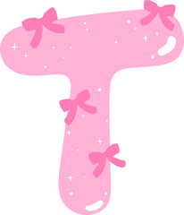 Coquette Letter T  with Bows Pink Alphabet Calpital Doodle Hand Drawn