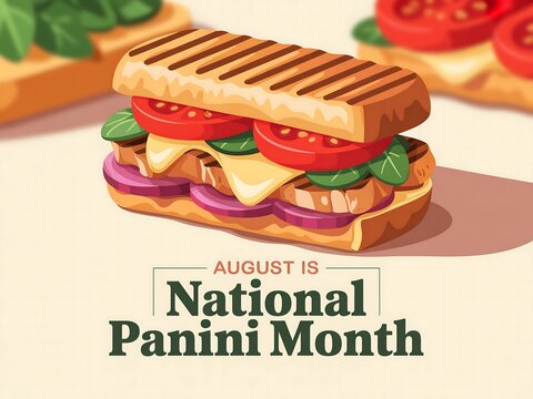 A panini sandwich with tomatoes, cheese, onions, and basil for national panini month - Powered by Adobe