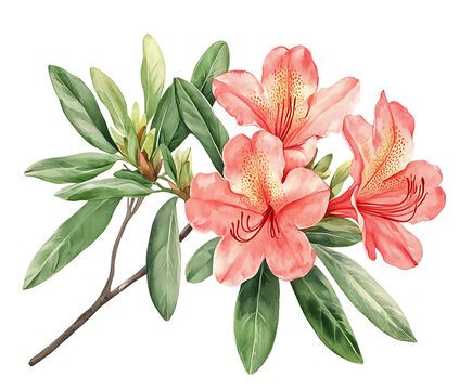 Watercolor pink azalea flowers branch isolated on transparent background