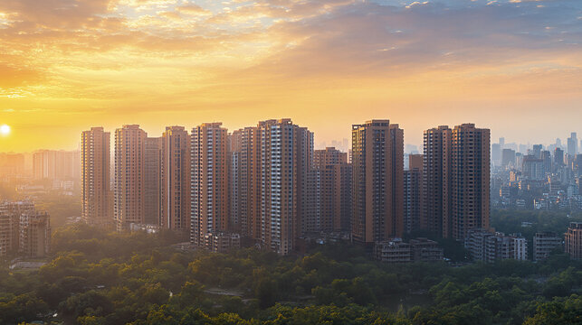 Highrise buildings in Greater Noida at sunset, showcasing urban development and nature beauty