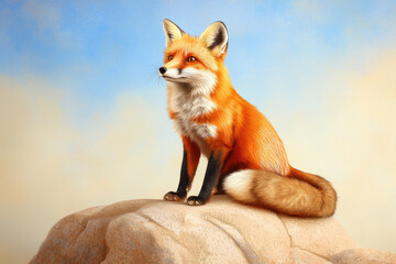 Obraz premium Active red fox gazing from rocky outcrop natural habitat wildlife photography serene environment close-up viewpoint majestic animal concept