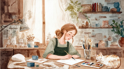 Watercolor scene of a woman painting at a sunlit table with a cat resting nearby, surrounded by art supplies and plants. Cozy and creative atmosphere