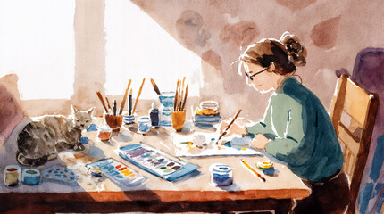 Watercolor scene of a woman painting at a sunlit table with a cat resting nearby, surrounded by art supplies and plants. Cozy and creative atmosphere
