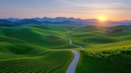 Scenic sunrise over rolling hills and vineyards tuscany italy landscape photography peaceful environment nature's beauty revealed
