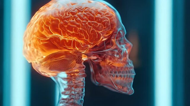 Translucent Skull Revealing an Orange Brain with Glowing Blue Bars in Background for Medical Illustration and Research Visualization