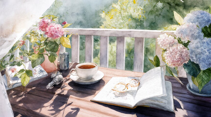 Cozy morning balcony setup with fresh flowers, open book, tea cup, and soft shadows. Peaceful reading moment in sunlight, surrounded by nature and stillness