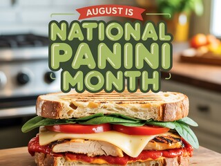 A close up of a panini sandwich with cheese tomatoes and spinach for panini month august