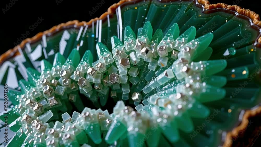 Poster a close-up view of a vibrant green geode with sharp crystal formations and metallic highlights in th