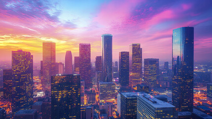 Obraz premium stunning skyline of Houston at sunset, showcasing vibrant colors in evening sky