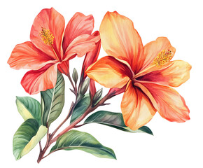 Watercolor hibiscus flowers branch isolated on transparent background