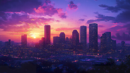 Fototapeta premium stunning sunset over vibrant city skyline, showcasing colorful clouds and illuminated buildings