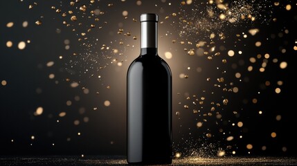 A sleek black wine bottle bathed in golden light for a sophisticated celebration with dark background and