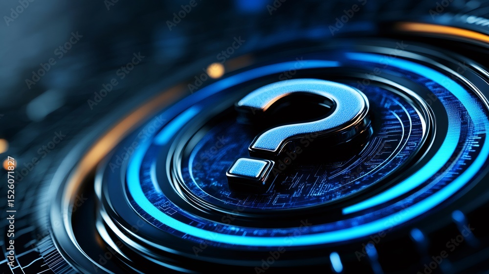 Poster question mark shining on futuristic circuit board interface