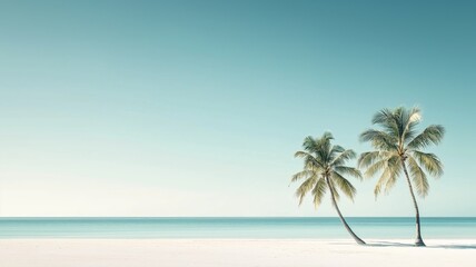 Fototapeta premium Tropical beach with palm trees under clear blue sky during sunset overlooking tranquil ocean waves
