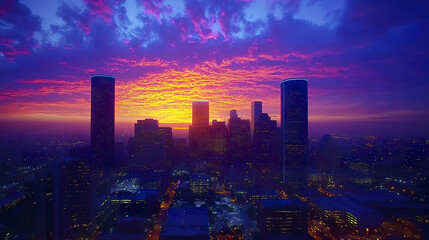 Fototapeta premium stunning Houston skyline at sunset, showcasing vibrant colors in evening sky
