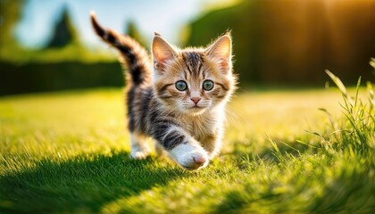 Playful Kitten Dashing Across Lush Green Grass, Basking in the Suns Warm Glow, Full of Joy and Energy on a Bright Summer Day