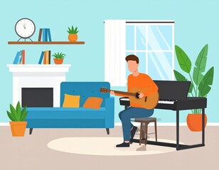Fototapeta premium Man Playing Guitar And Piano In Cozy Living Room