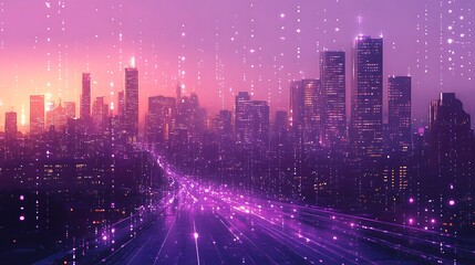 Futuristic cityscape with digital streams and a vibrant purple gradient effect