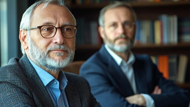 two mature businessmen engaging in a serious business discussion, showcasing leadership, professionalism, strategic planning, and collaborative decision making in a modern office setting